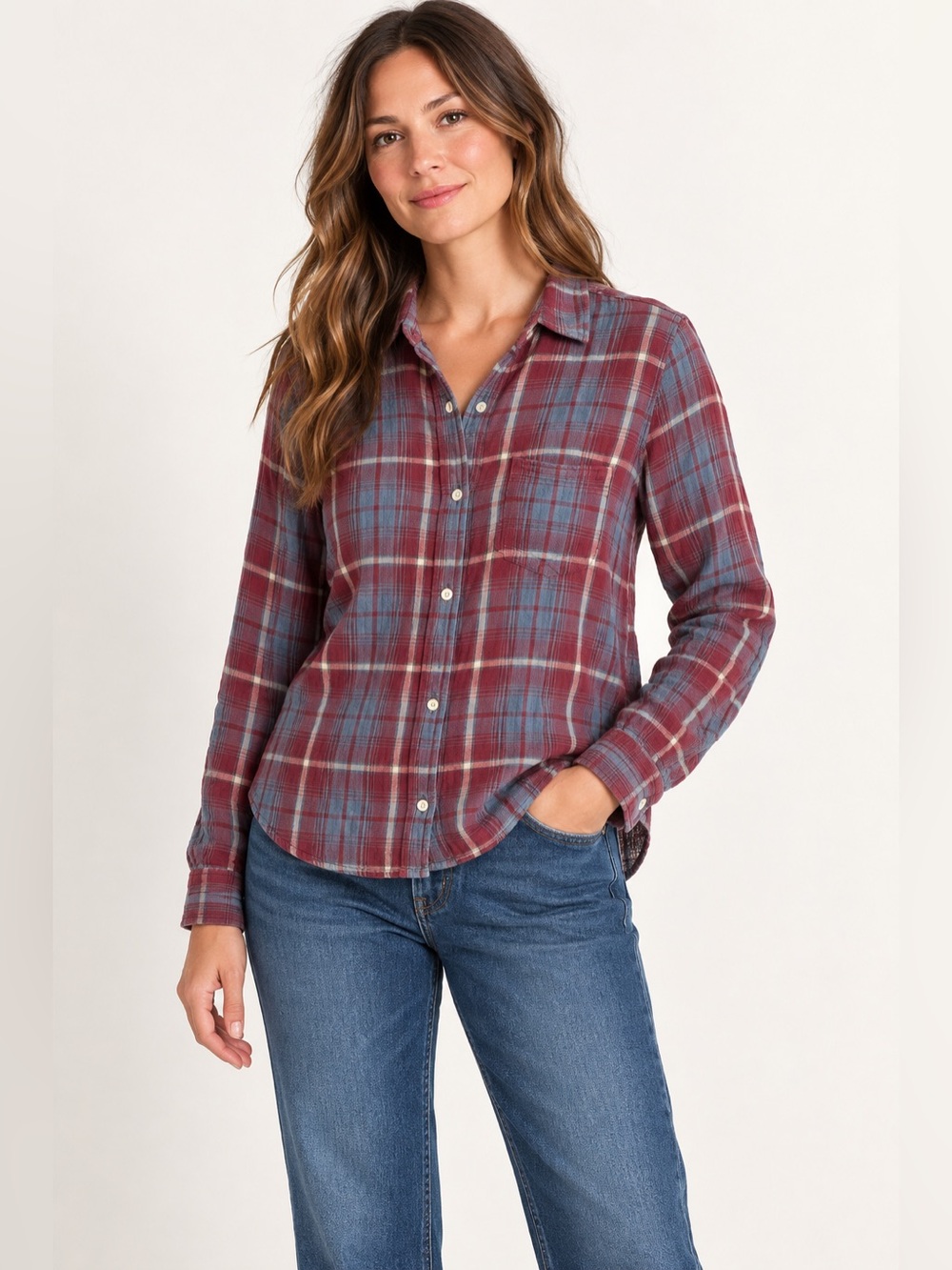 Gap Womens Shrunken Boys Red & Blue Plaid Double Gauze Flannel Shirt. Size L